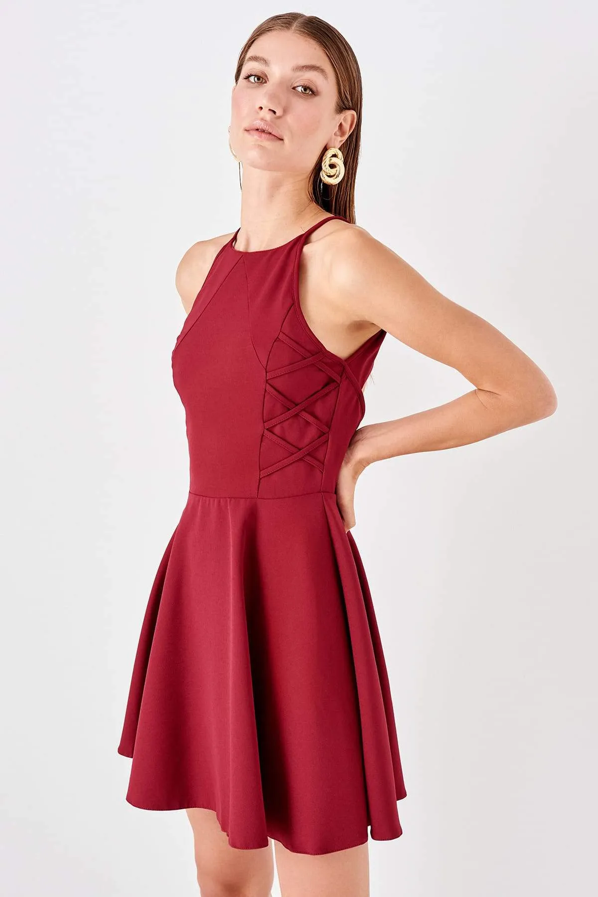 11609 Red Cutout Back Skater Dress