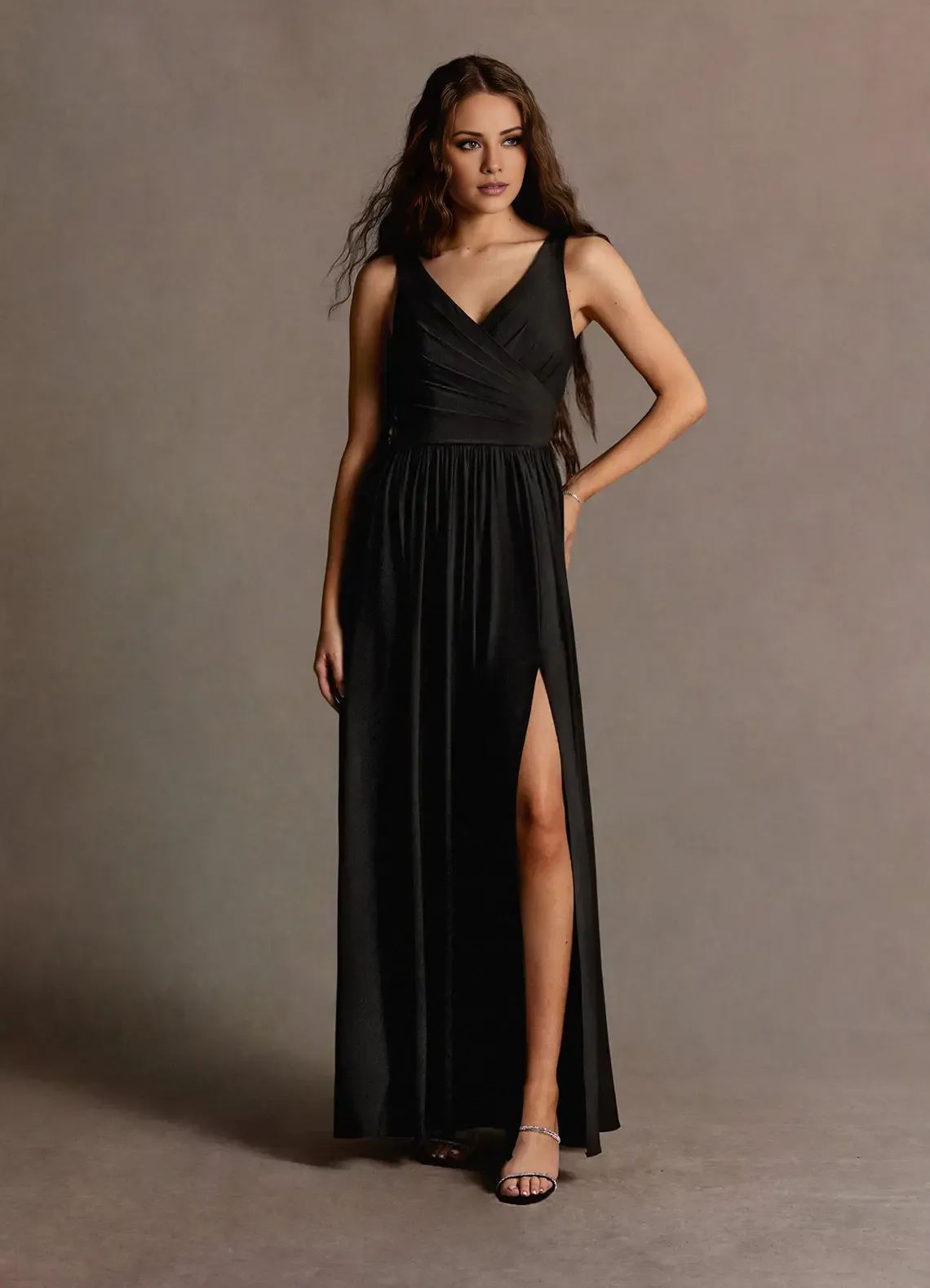 A-line V-neck folds and floor length evening gowns