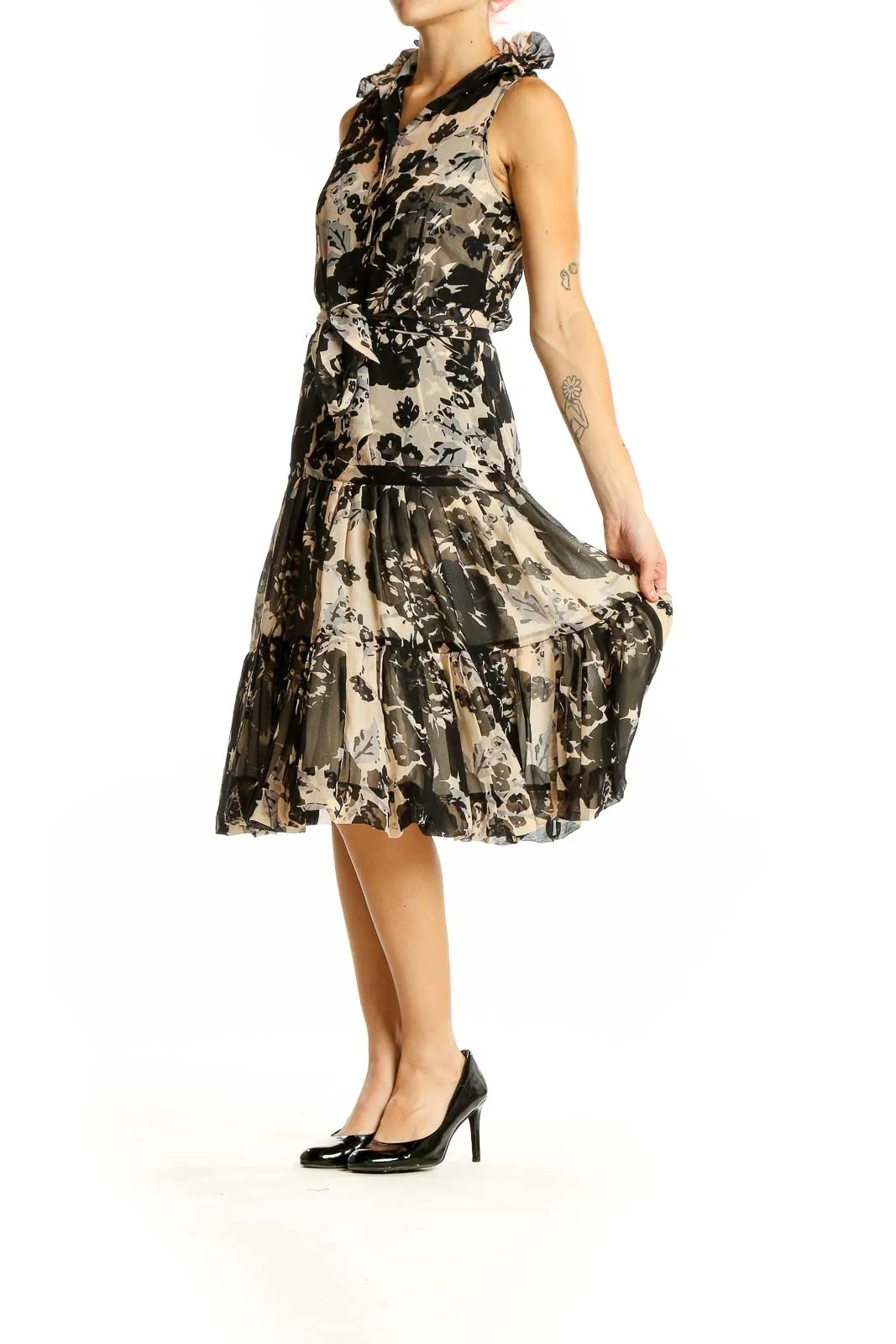 Black and Beige Floral Silk Midi Dress