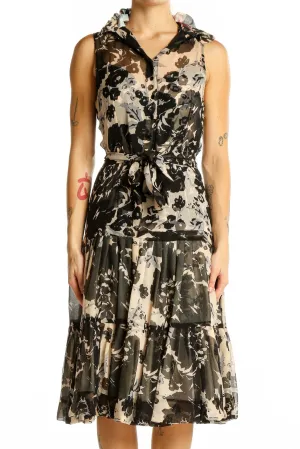 Black and Beige Floral Silk Midi Dress
