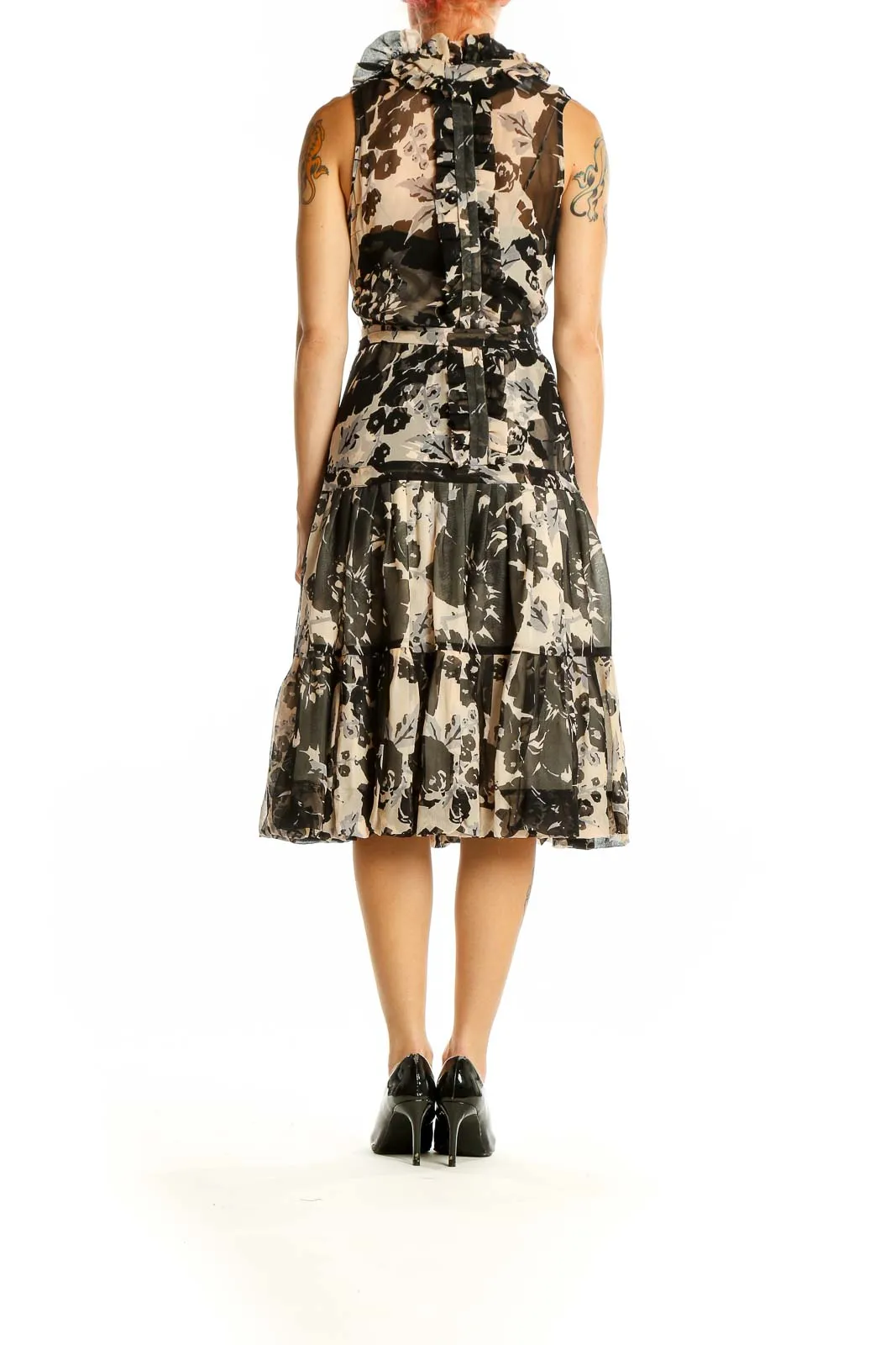 Black and Beige Floral Silk Midi Dress