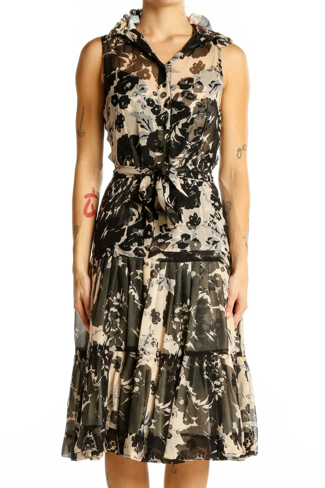 Black and Beige Floral Silk Midi Dress
