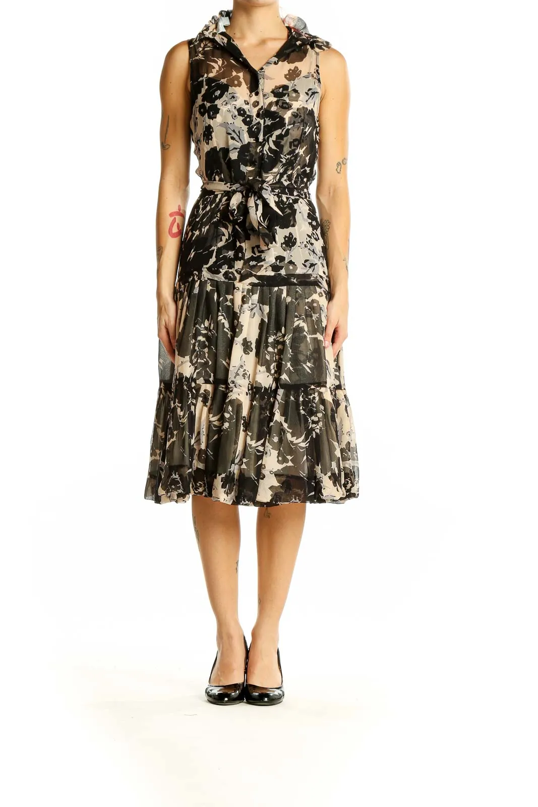 Black and Beige Floral Silk Midi Dress