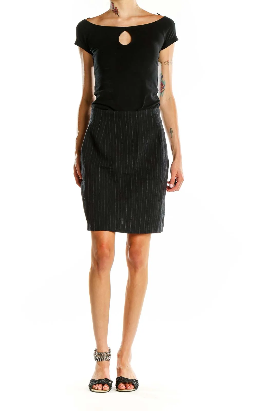 Black Pinstripe Wool Blend Pencil Skirt