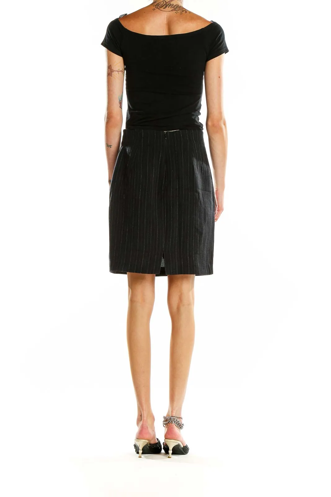 Black Pinstripe Wool Blend Pencil Skirt