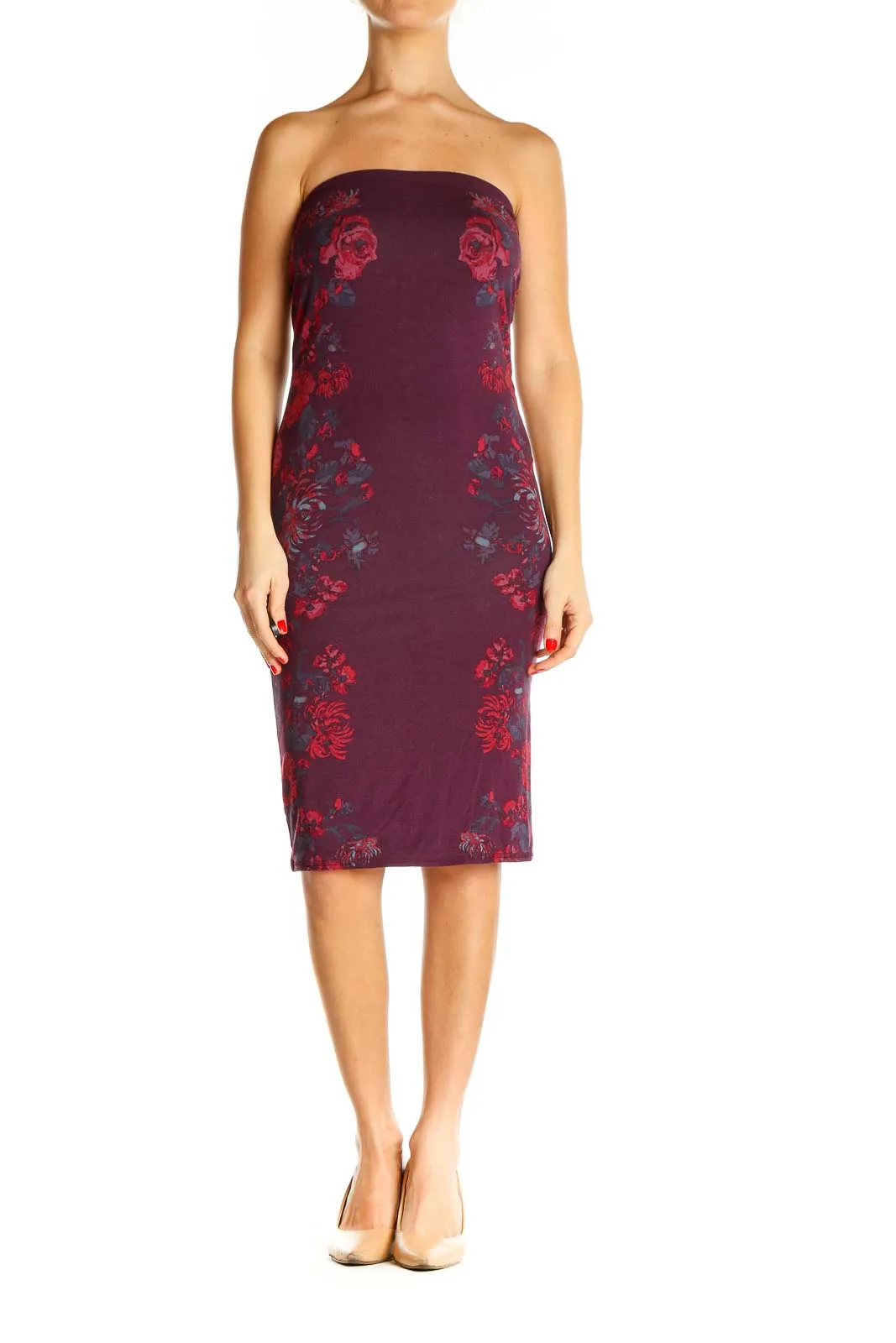Burgundy Floral Strapless Bodycon Dress