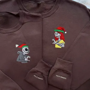 Custom Embroidered Halloween Jack and Sally Couple Hoodies | Perfect Gift for Halloween and Christmas