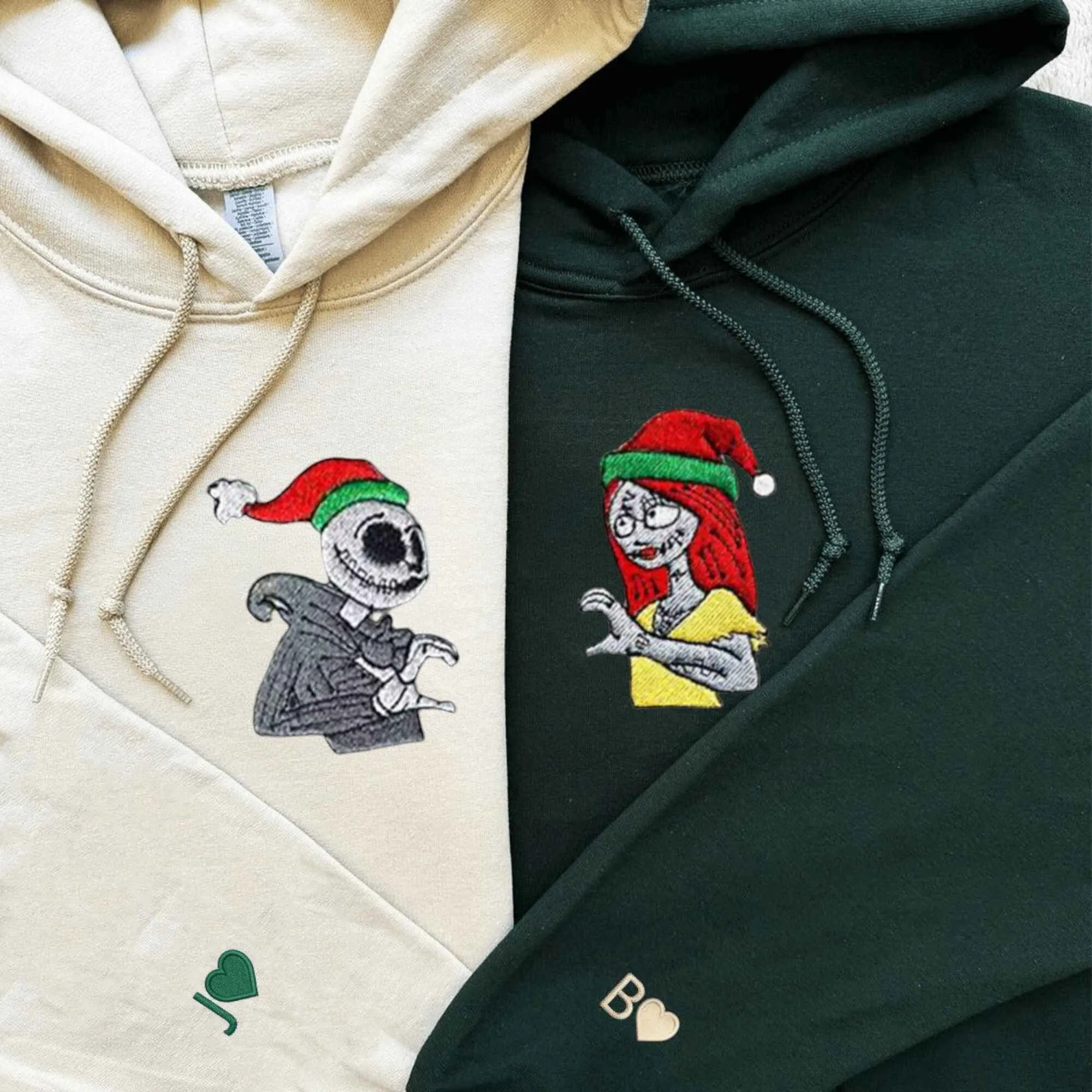 Custom Embroidered Halloween Jack and Sally Couple Hoodies | Perfect Gift for Halloween and Christmas