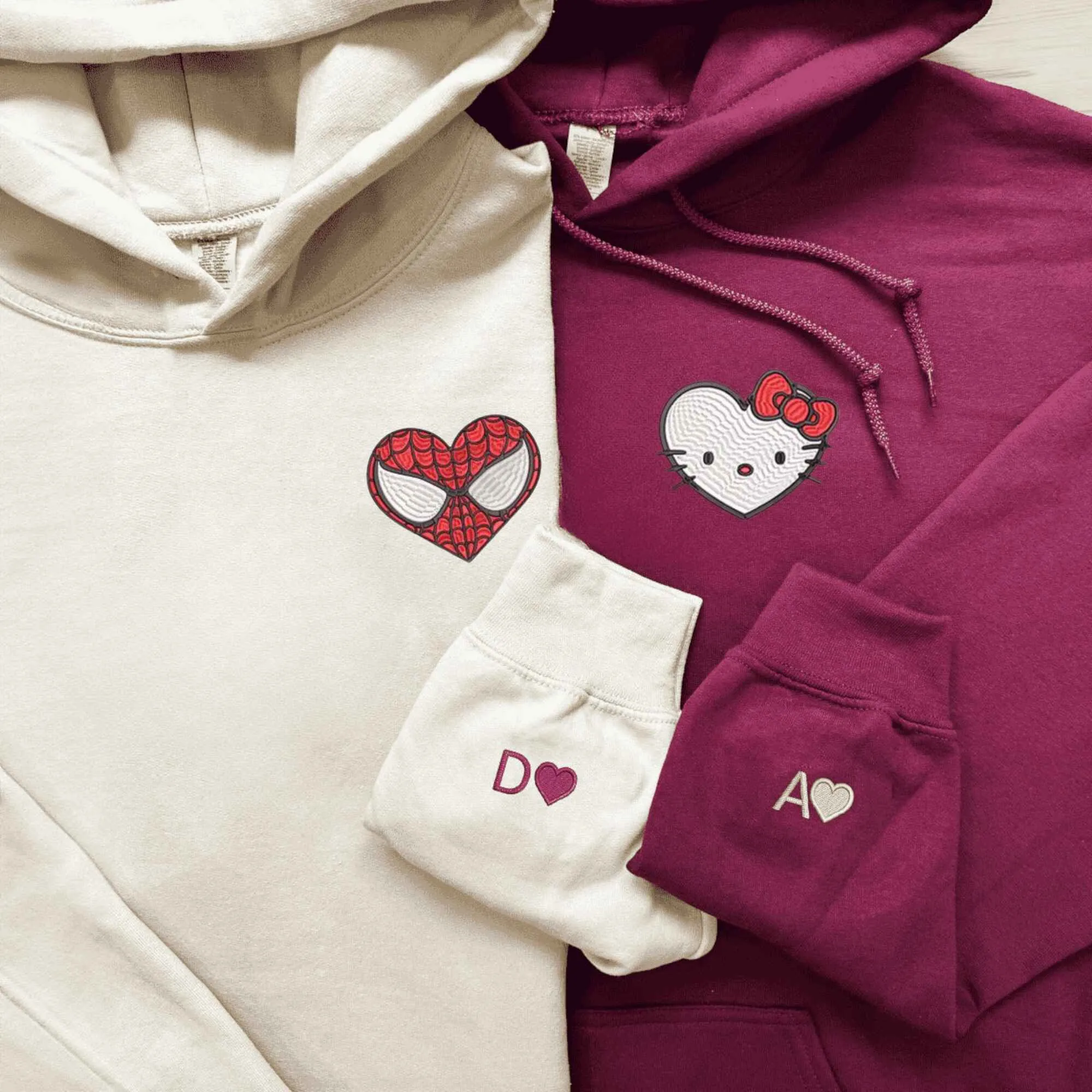 Custom Embroidered Matching Hoodies for Couples | Fun Spider x Cat Design