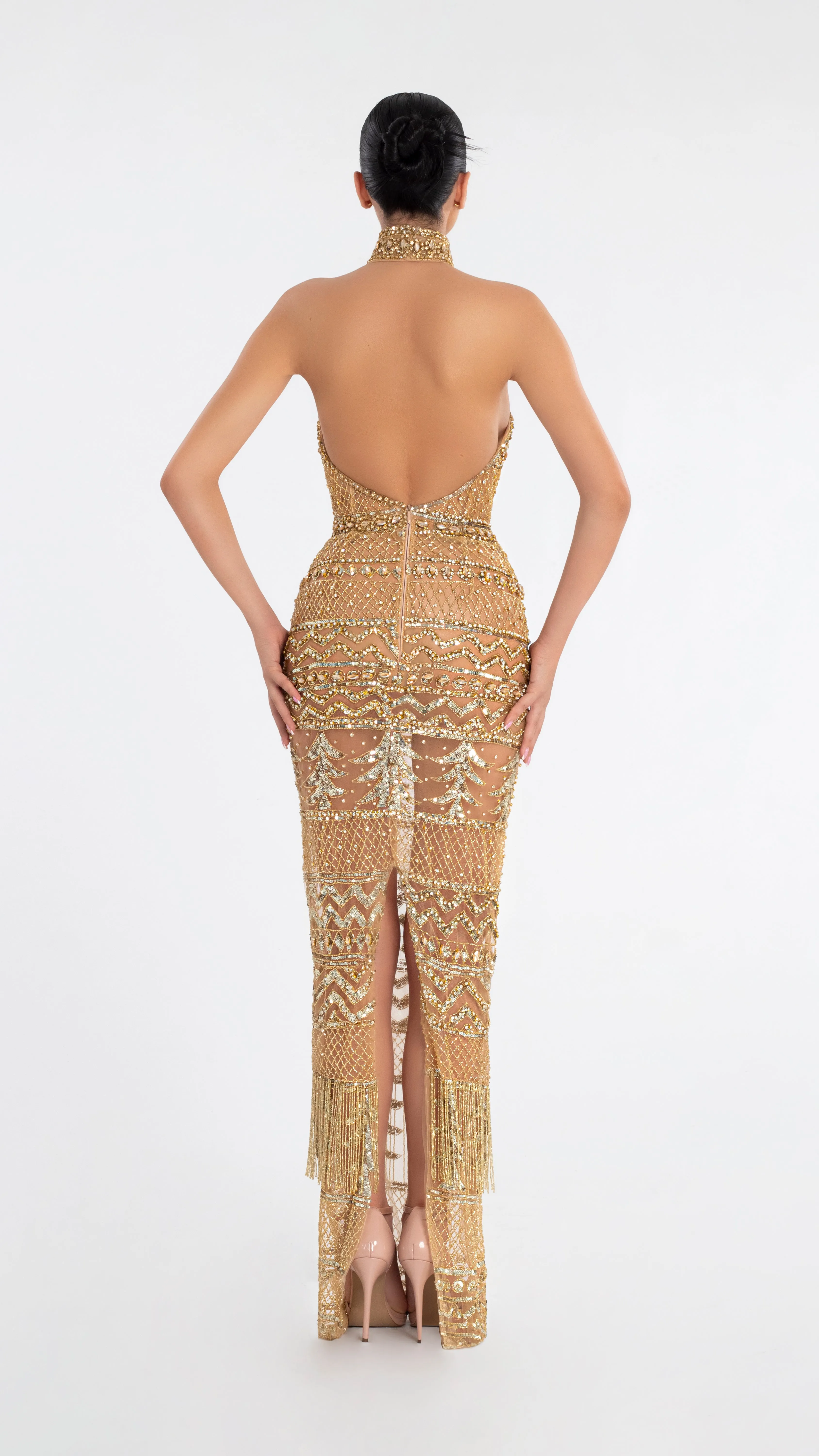 High Neck Gold Lace Dress