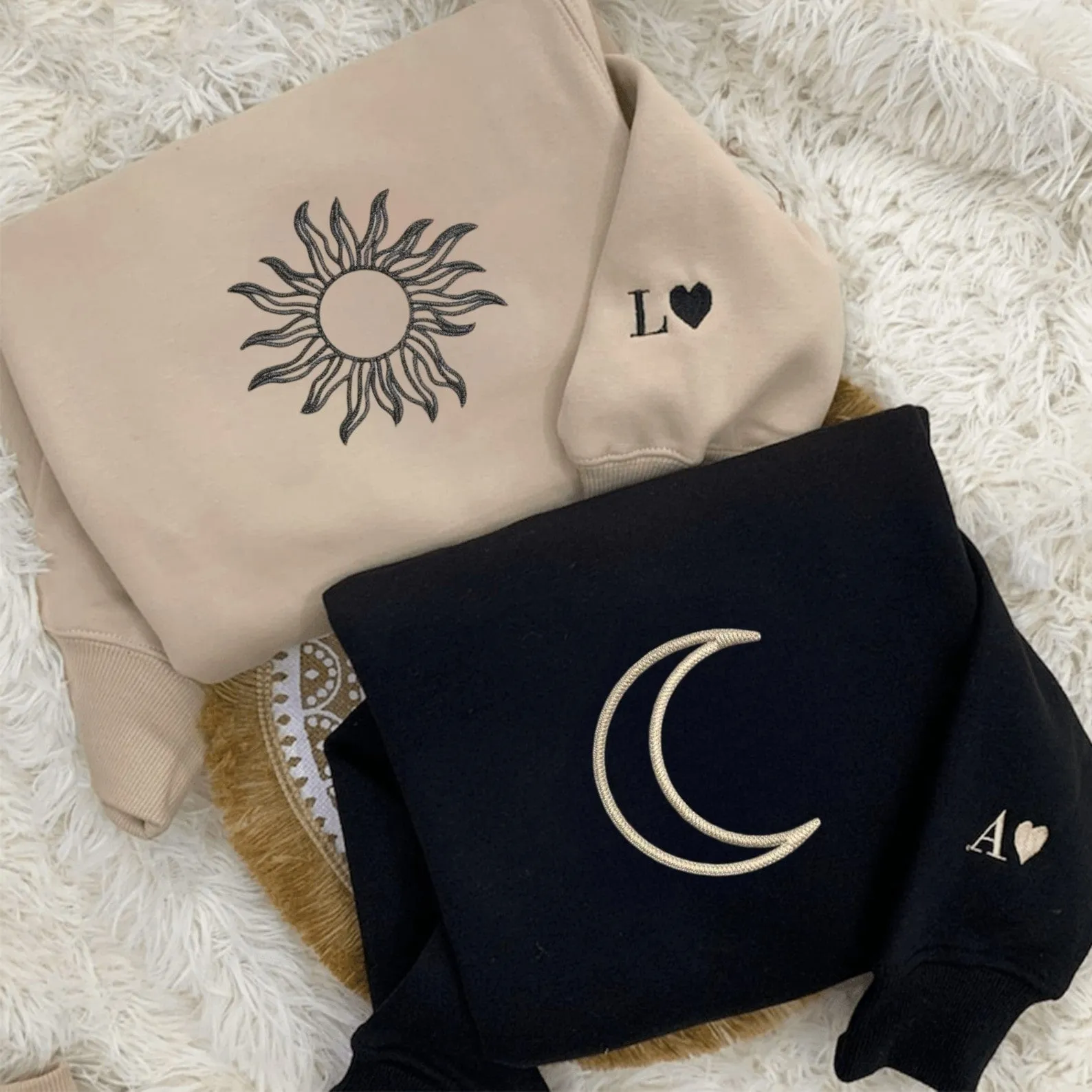 Matching Couple Hoodies - Sun & Moon Couple Custom Embroidered Sweatshirts For Couples