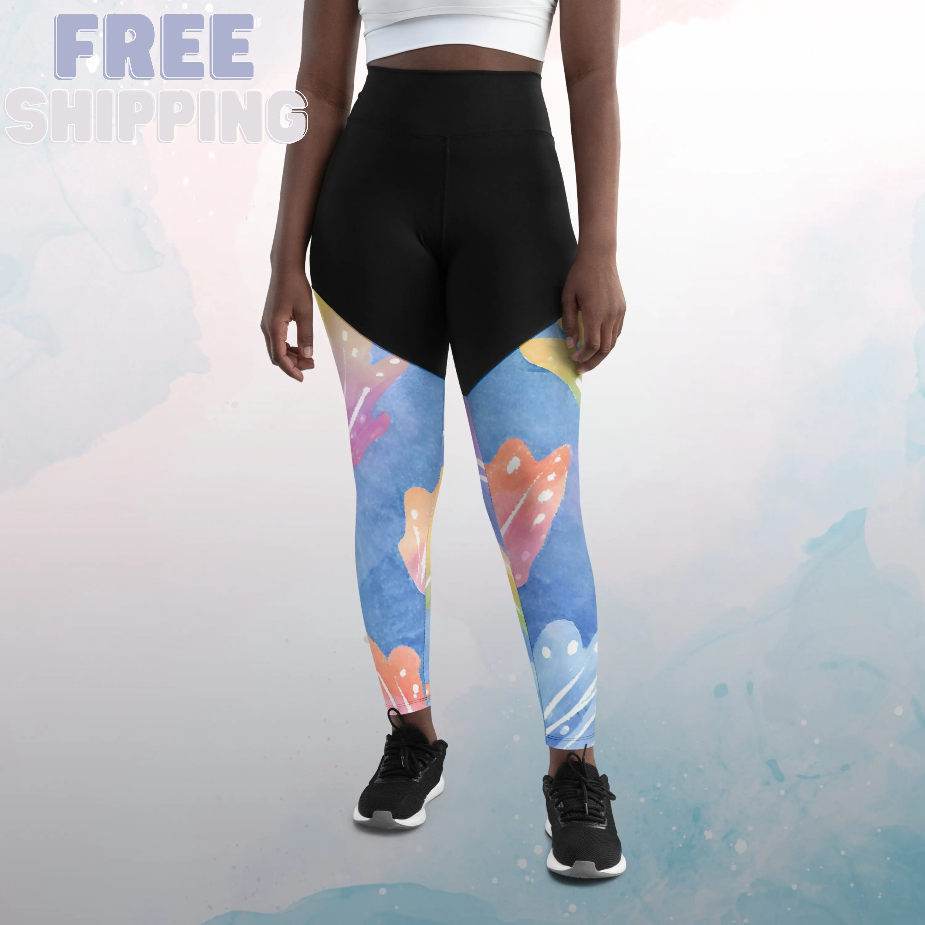 Tight Hold Womens Workout Sports Leggings with Watercolor Rainbow Leaves