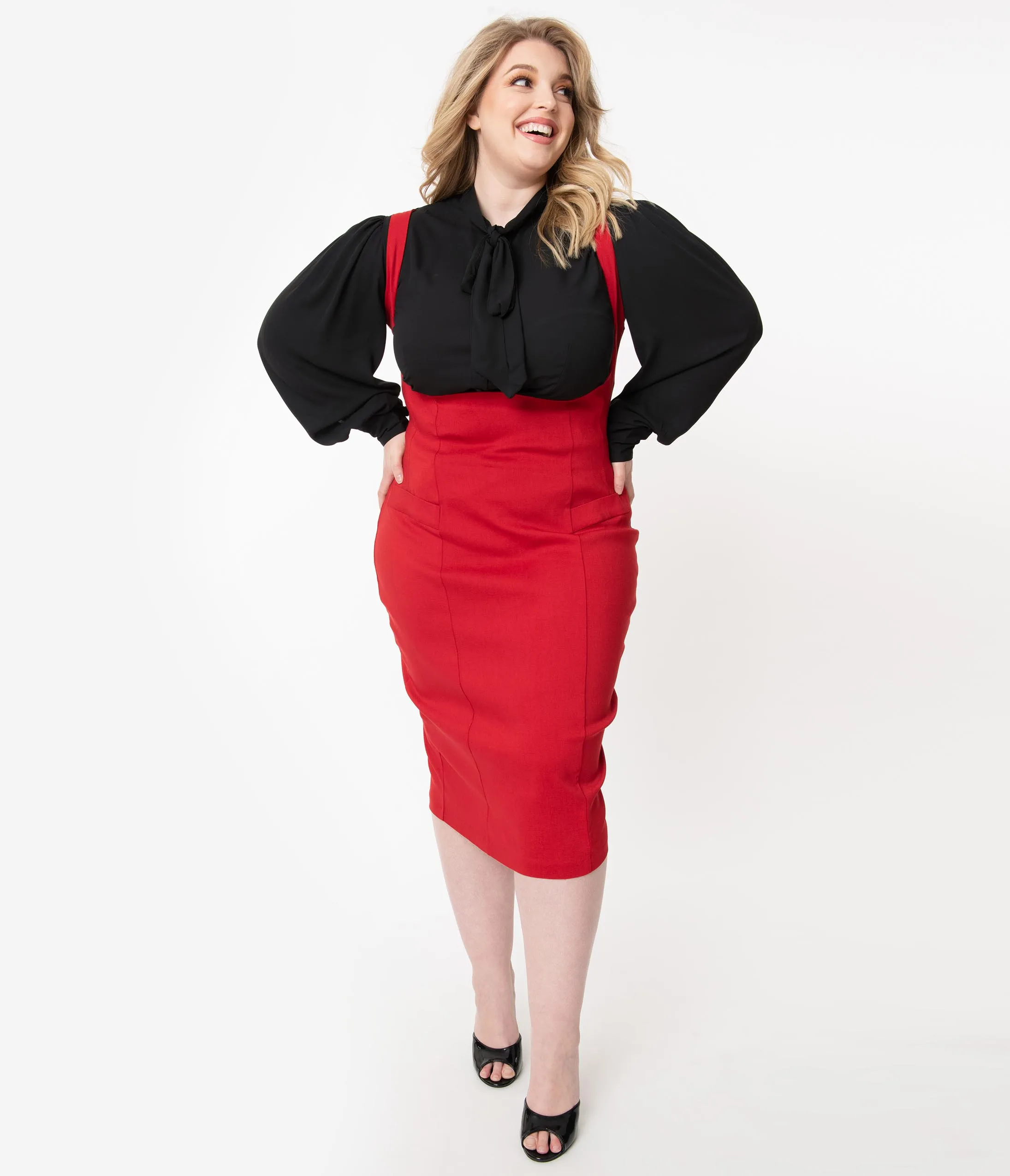 Unique Vintage Plus Size Red Fontaine Suspender Pencil Skirt