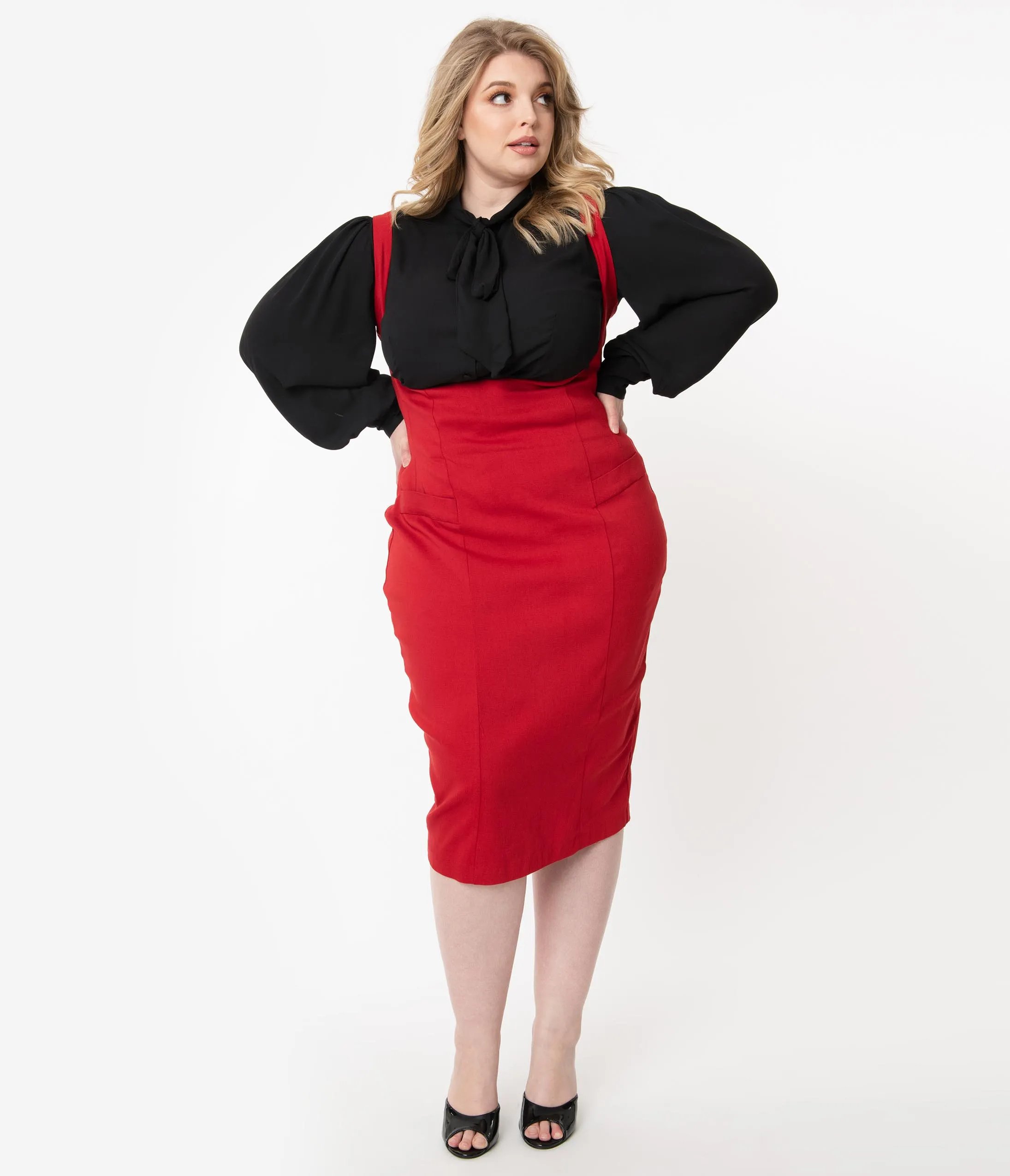 Unique Vintage Plus Size Red Fontaine Suspender Pencil Skirt
