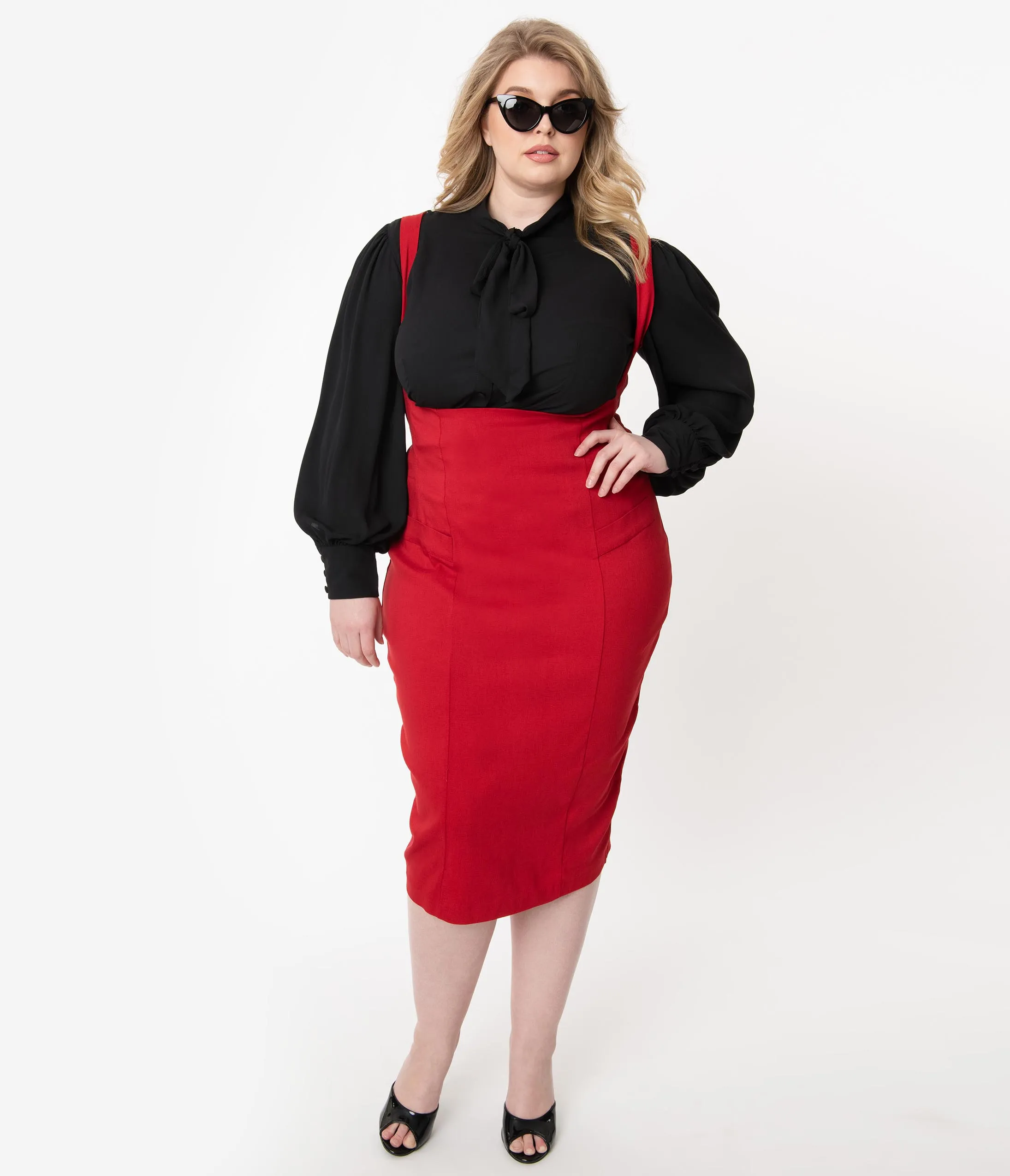 Unique Vintage Plus Size Red Fontaine Suspender Pencil Skirt