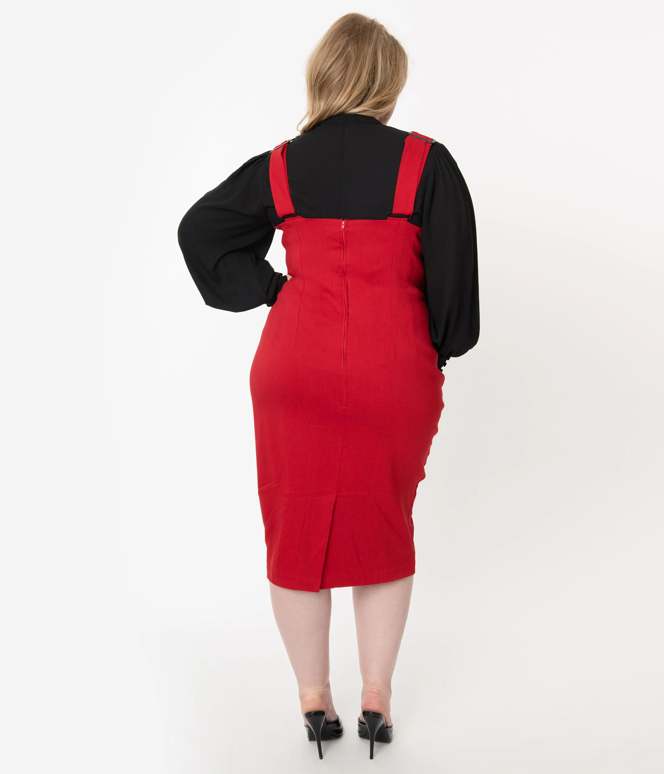 Unique Vintage Plus Size Red Fontaine Suspender Pencil Skirt