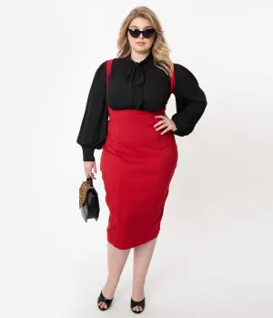 Unique Vintage Plus Size Red Fontaine Suspender Pencil Skirt